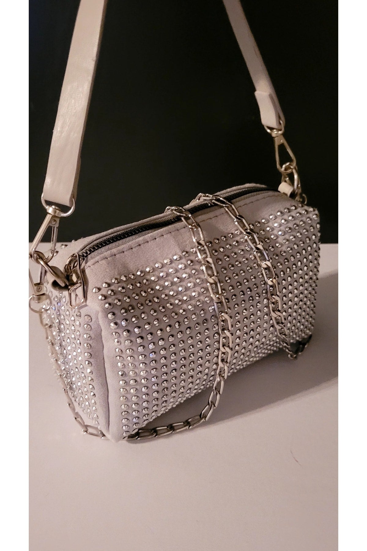 Bhm Gray Stone Chain Strap Hand And Shoulder Bag