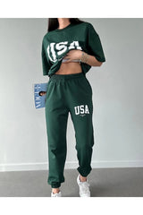 Usa T-shirt Sweatpants Jogger- Green Printed Bottom Top Tracksuit Suit Oversize Crew Neck