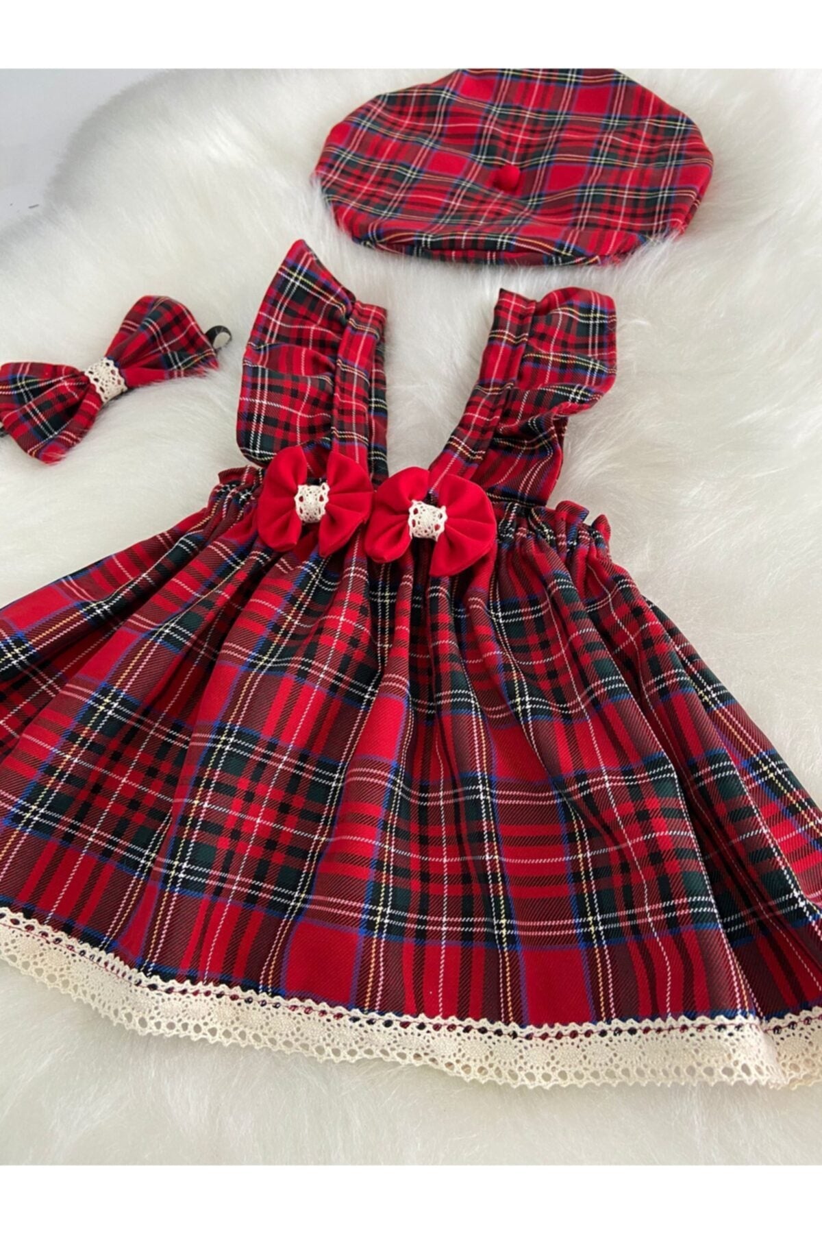 Baby Girl Lacy Red Plaid Dress Bandana Hat Set