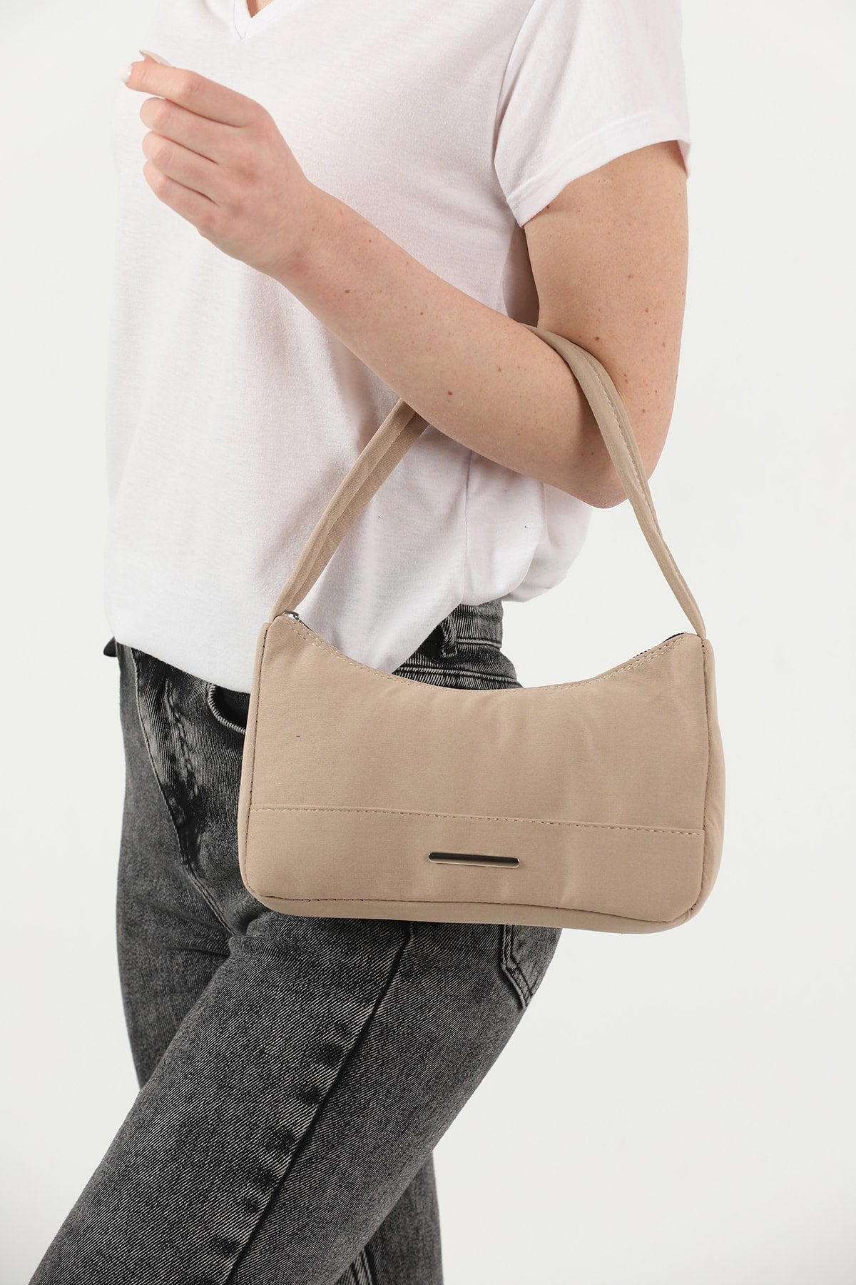 Mink U26 Single Zipper Section Canvas Fabric Women's Daily Baguette Hand And Shoulder Bag U:13 E:25 G:6