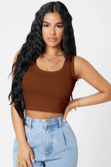 Women's Brown Square Neck Crop Top Blouse - Swordslife