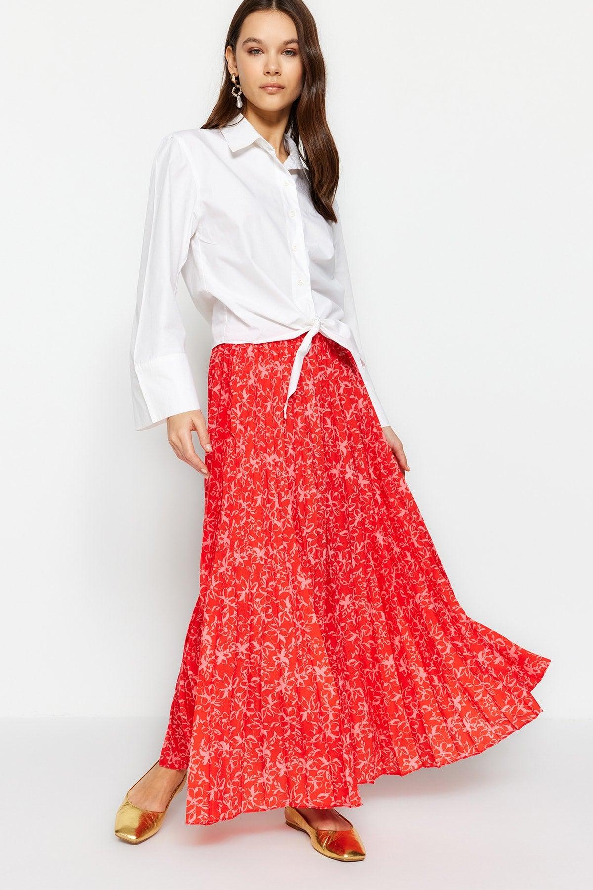 Red Floral Patterned Pleated Elastic Waist Knitted Skirt TCTSS23EE00018 - Swordslife
