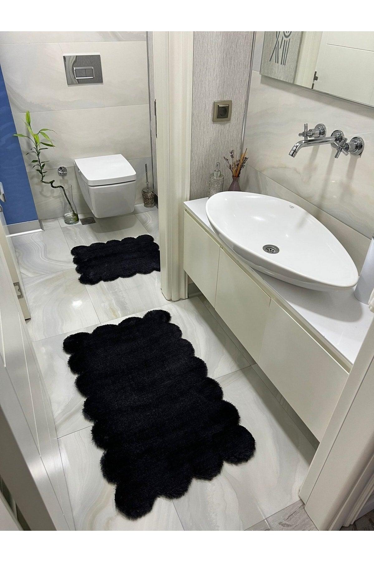 Laser Cut 2 Piece Bath Mat Black Plush Carpet - Swordslife