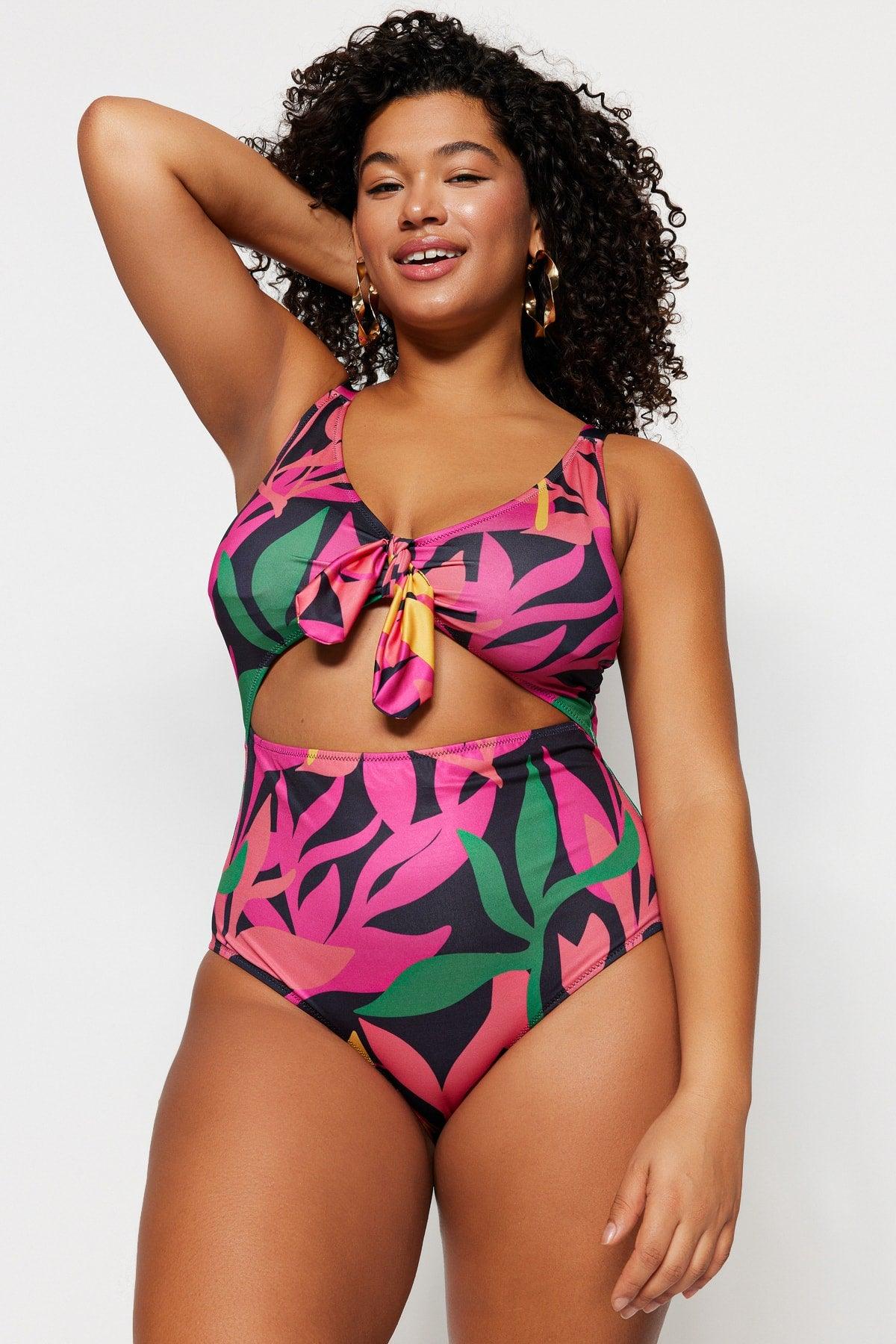 Black Tropical Patterned Tie Detailed Swimsuit TBBSS23AM00008 - Swordslife