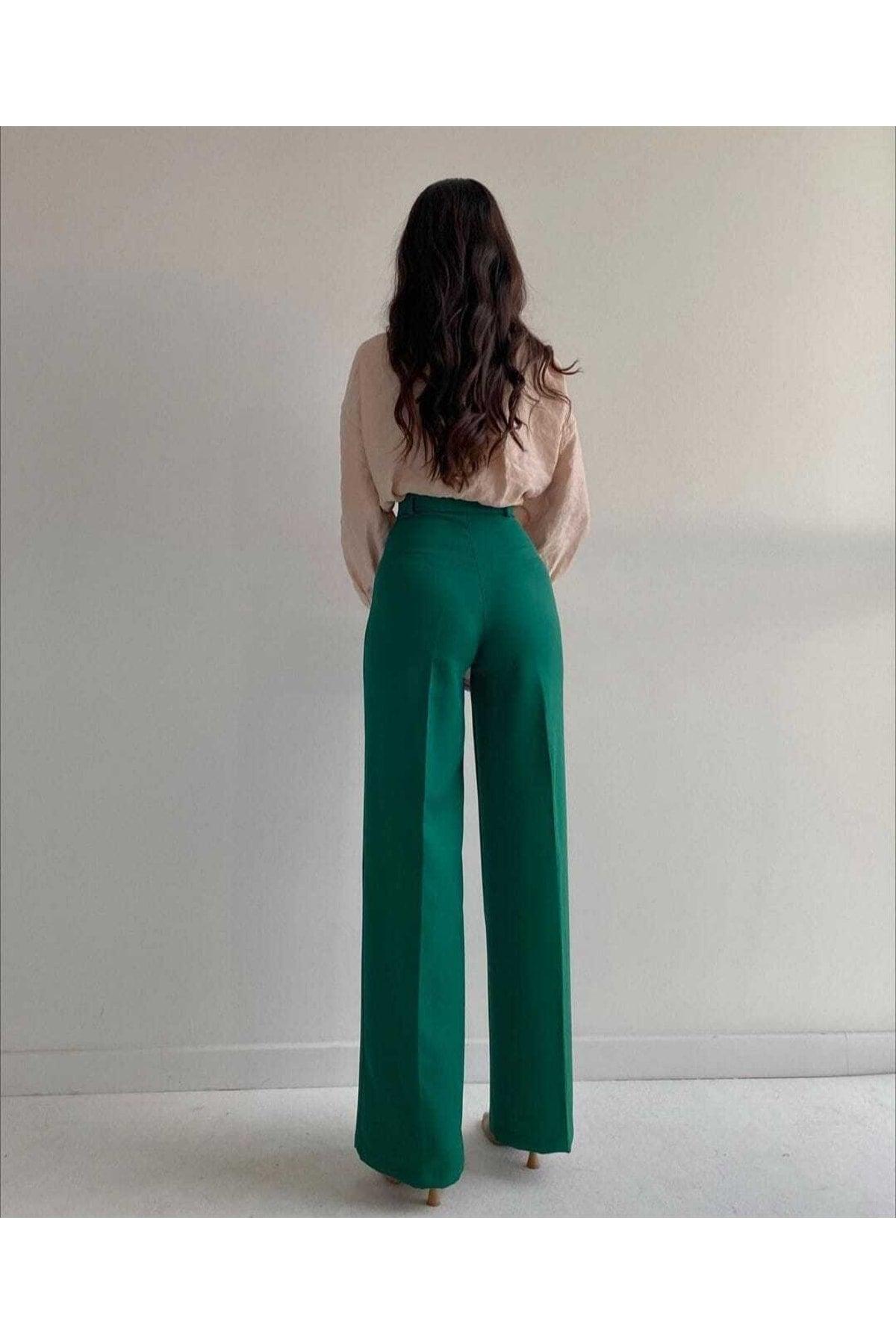 Women's Dark Green Front Stitching Detail High Waist Palazzo Trousers - Swordslife