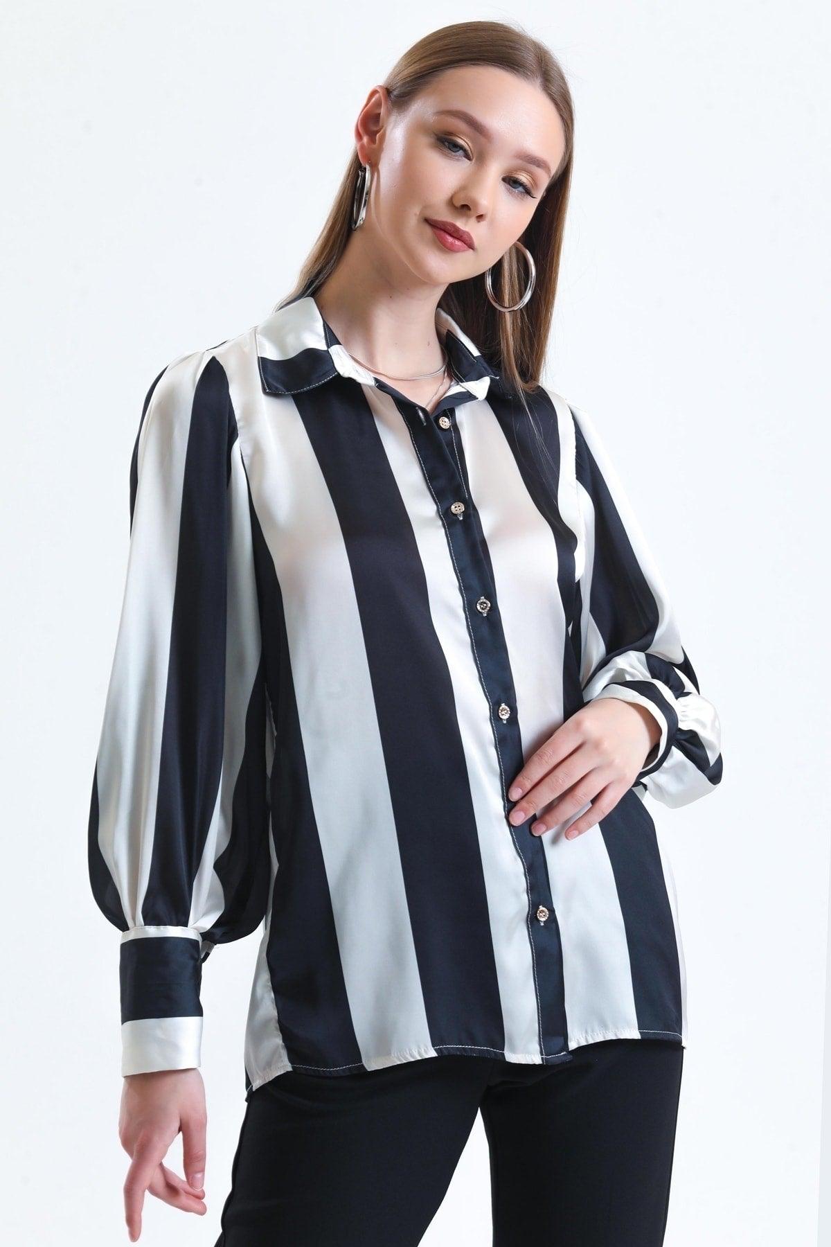 Women's White Balloon Sleeve Ruffle Detailed Oversize Striped Satin Shirt - Swordslife