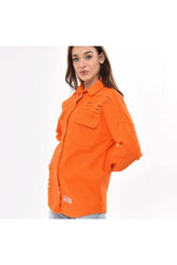 Women's Orange Boyfriend Oversize Worn Denim Jeans Denim Jacket A36-011 - Swordslife