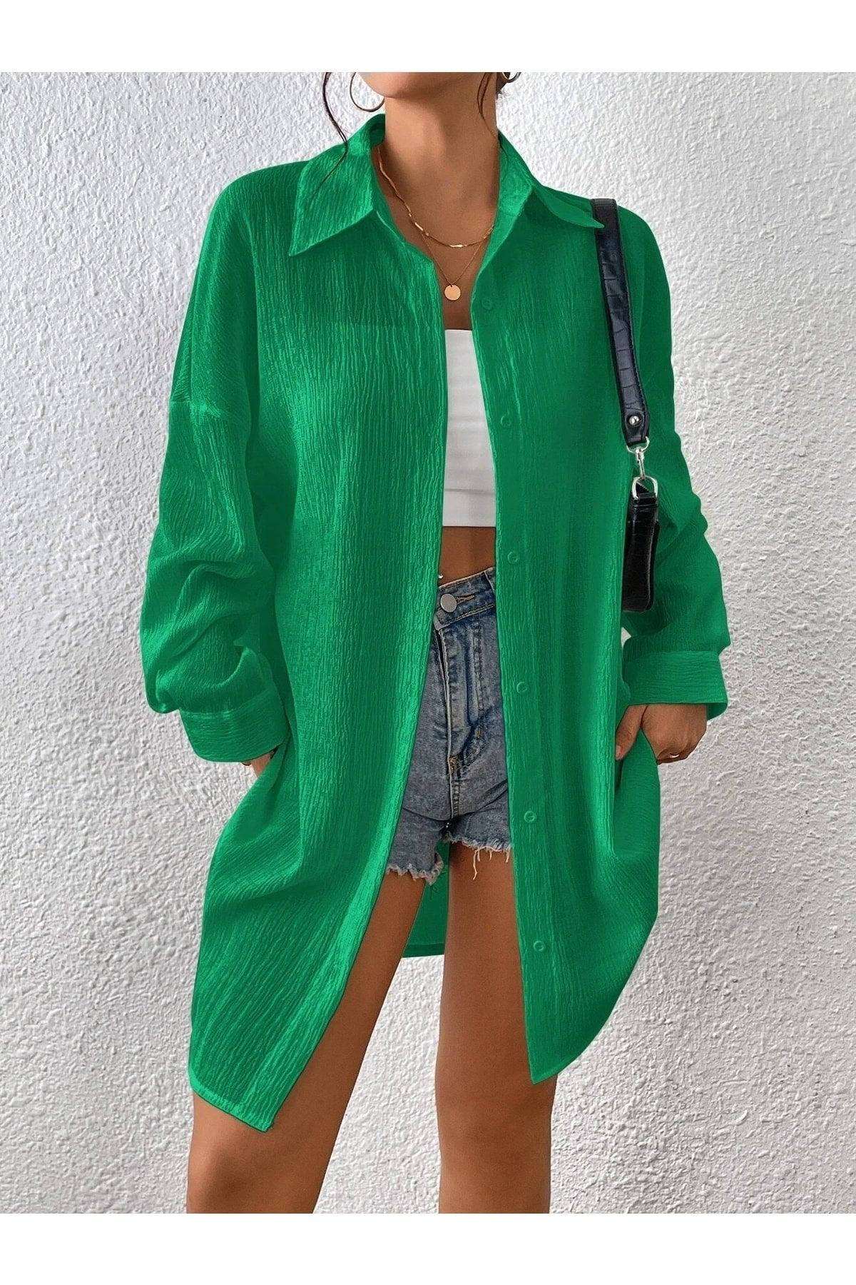 Women's Green Oversize Long Shirt - Swordslife