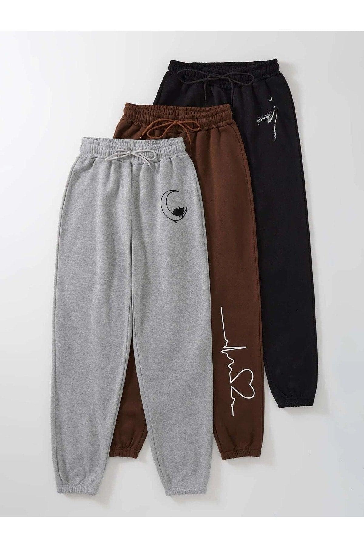 3-pack Cat And Moon Printed Jogger Sweatpants - Black Gray And Brown Elastic Leg High Waist Summer - Swordslife