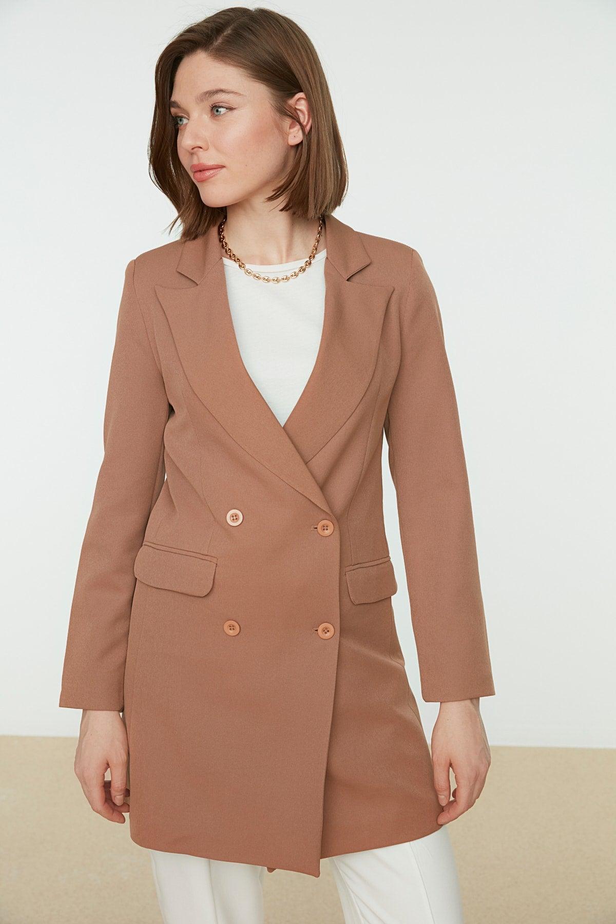 Camel Double Button Pocket Detailed Lined Blazer Woven Jacket TCTAW22CK0007 - Swordslife