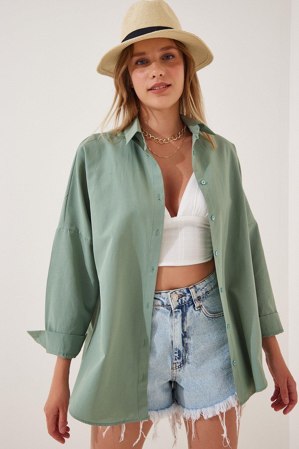 Women's Dark Green Oversize Long Basic Shirt DD00842 - Swordslife