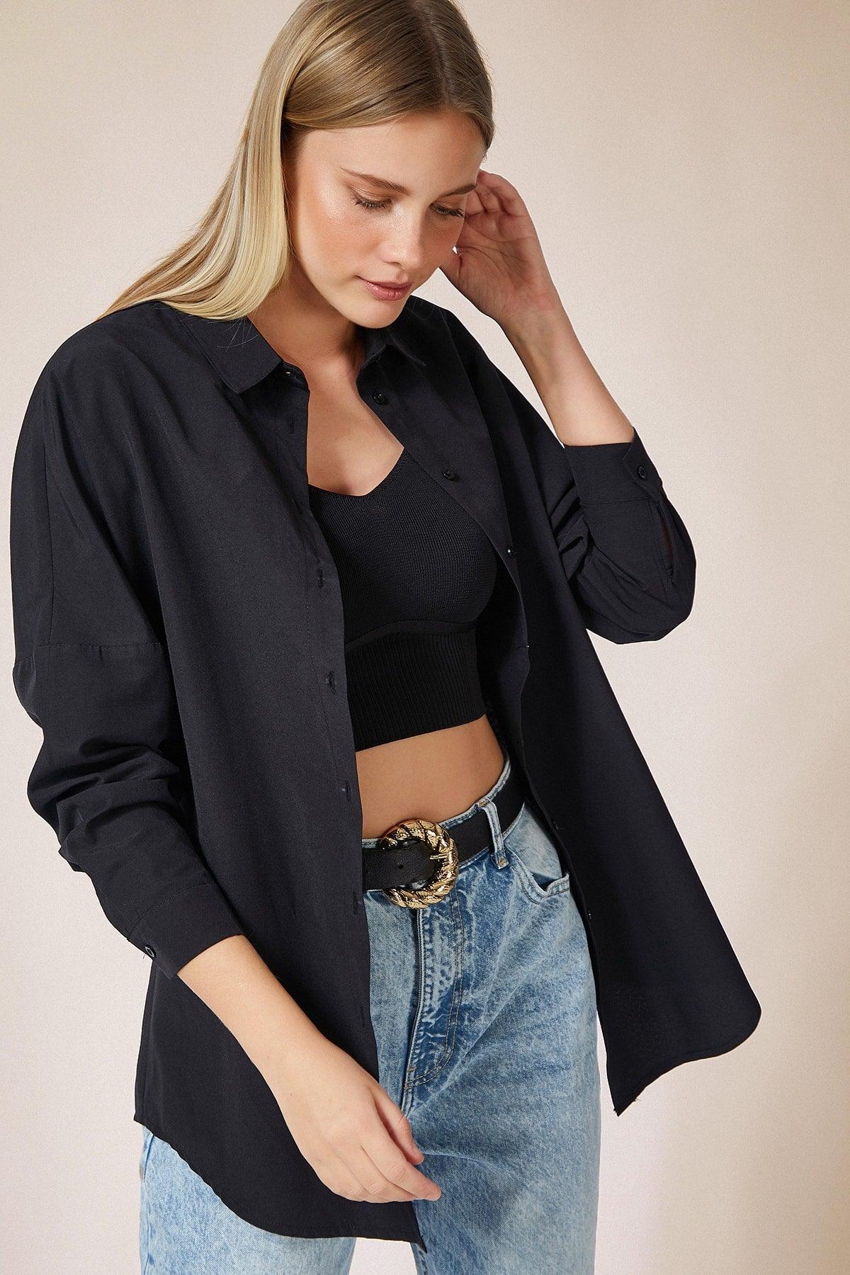 Women's Black Oversize Long Basic Shirt DD00842 - Swordslife