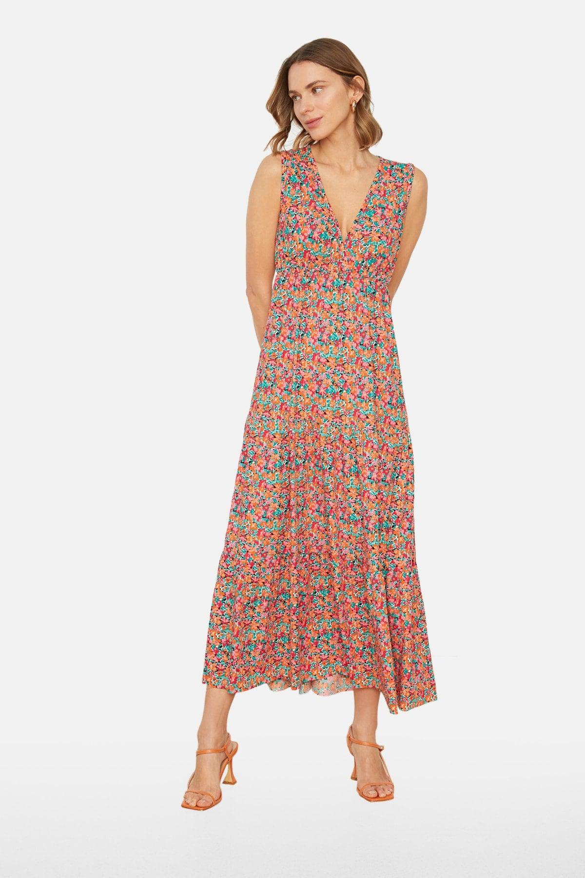 Multi Colored Floral Pattern V Neck Sleeveless A-Line Maxi Knitted Dress TWOSS22EL1588 - Swordslife