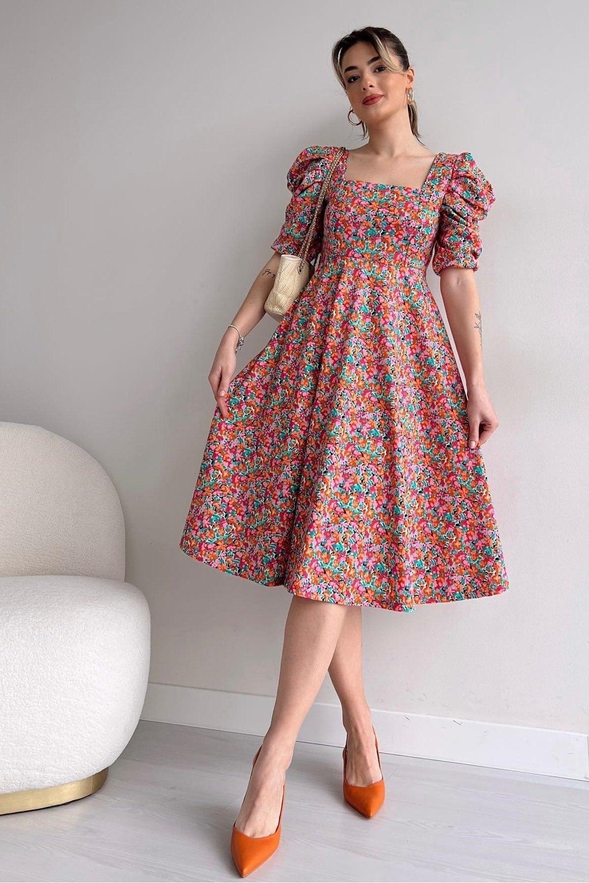 Women's Crepe Fabric Short Sleeve Square Collar Midi Length Floral Printed Summer Dress 080 - Swordslife