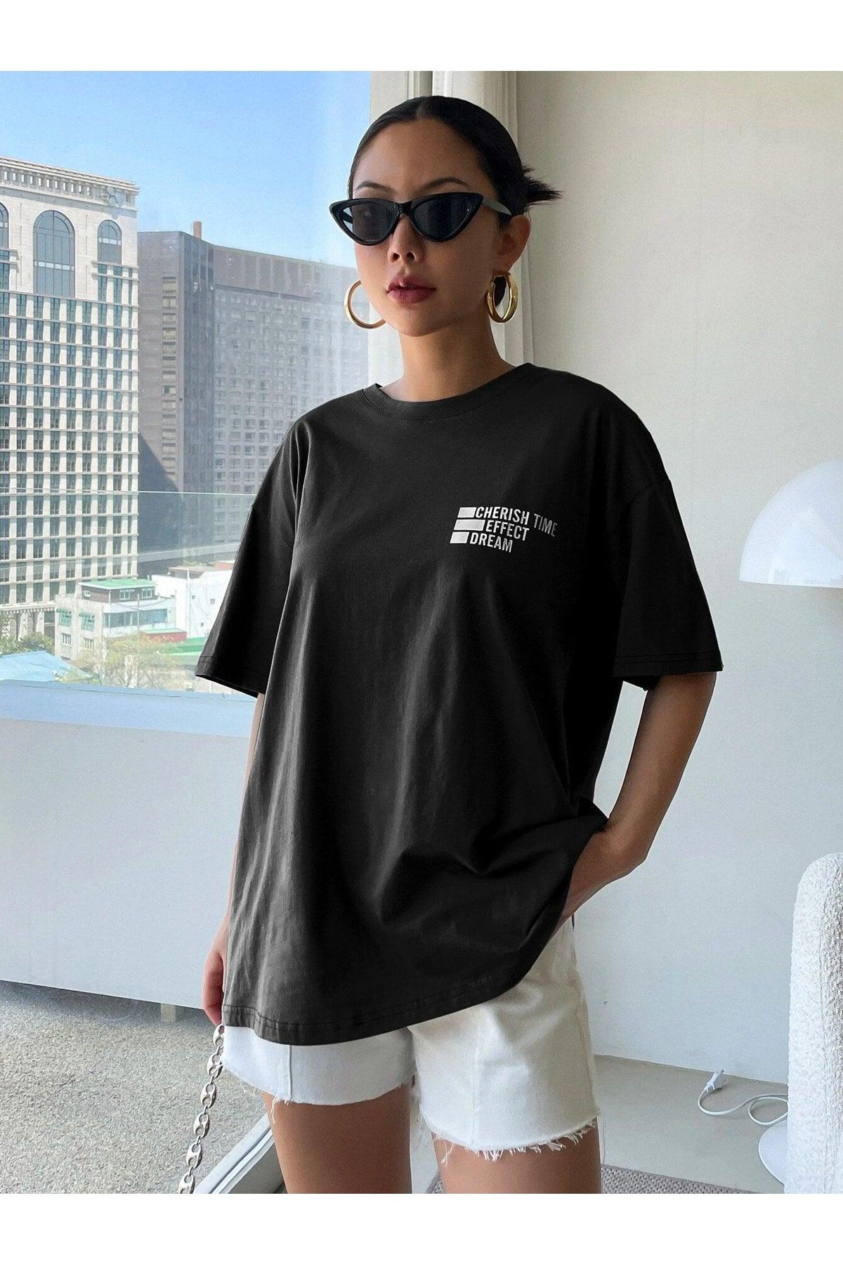 Women's Black Cherish Print Oversize T-shirt - Swordslife