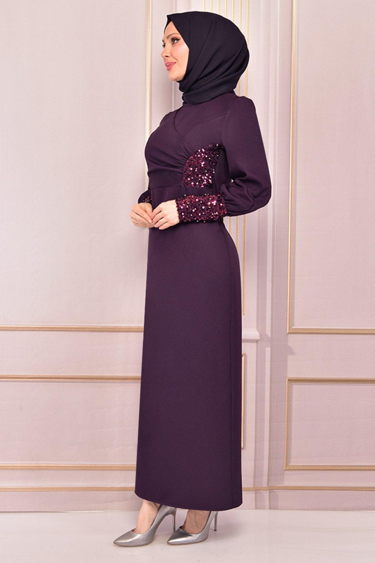 Pearl Detail Evening Dress Plum Asm2553 - Swordslife