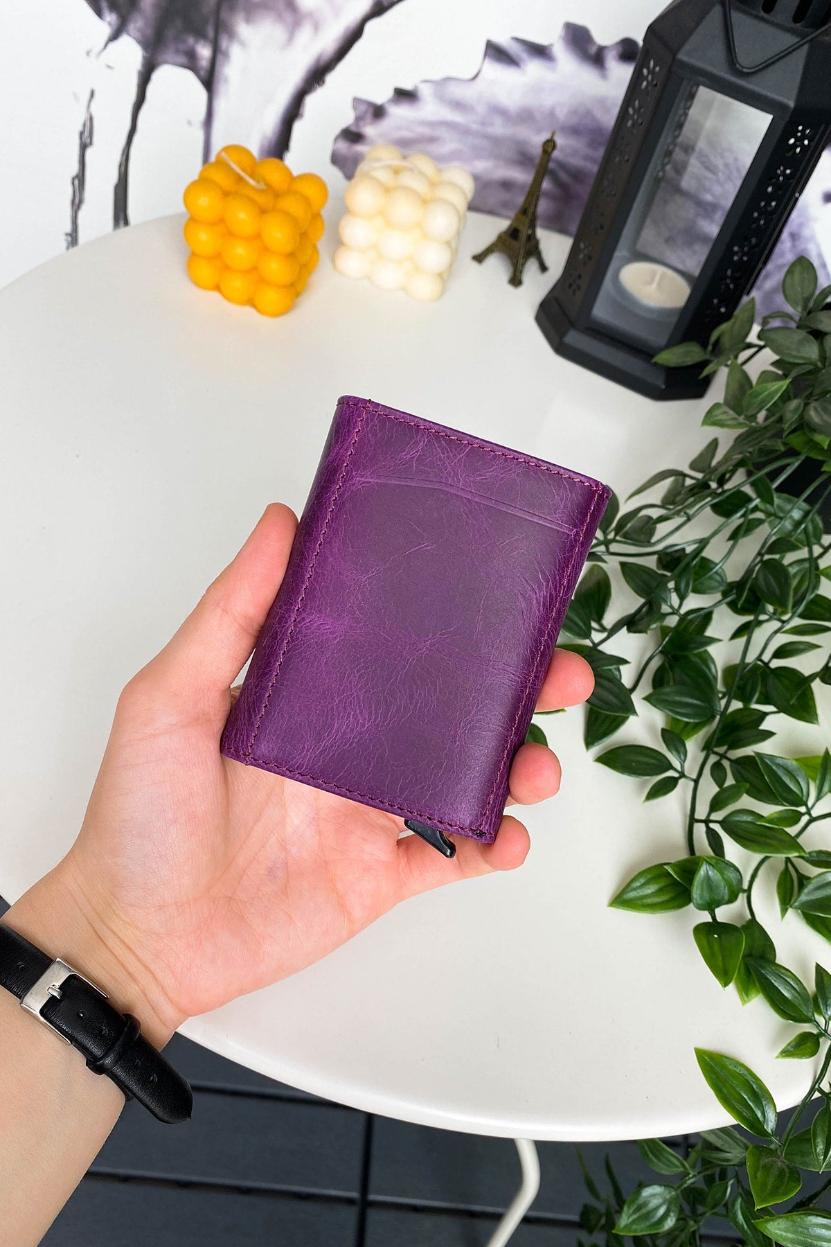 Pescol - Genuine Leather Purple Smart Card Holder / Wallet with Rfid Protection Mechanism, Top Level Craftsmanship
