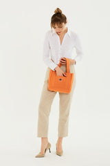 Orange U37 Snap Closure 2 Compartment Front Pocket Detailed Canvas Fabric Daily Women's Arm And Shoulder Bag
