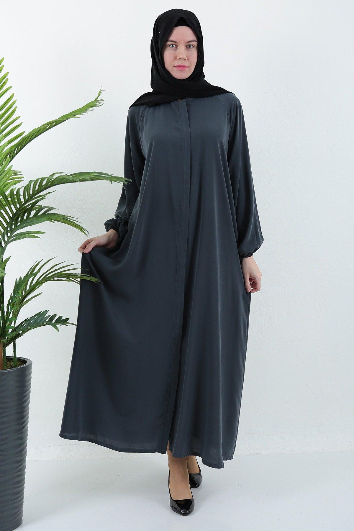 Gray Plaid Zippered Belted Pocket Abaya Hijab - Swordslife