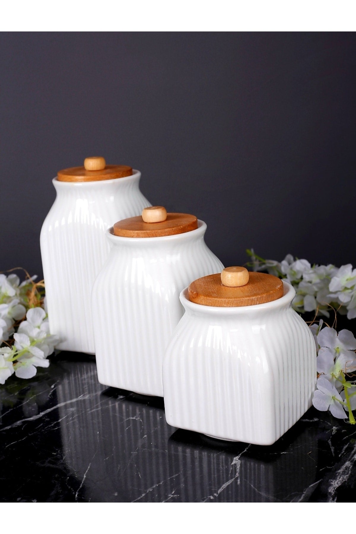 6 Pieces Wooden Stand Porcelain Daisy Oil Pot Set of 3 Tea Sugar Salt Jars Dowry Set Set