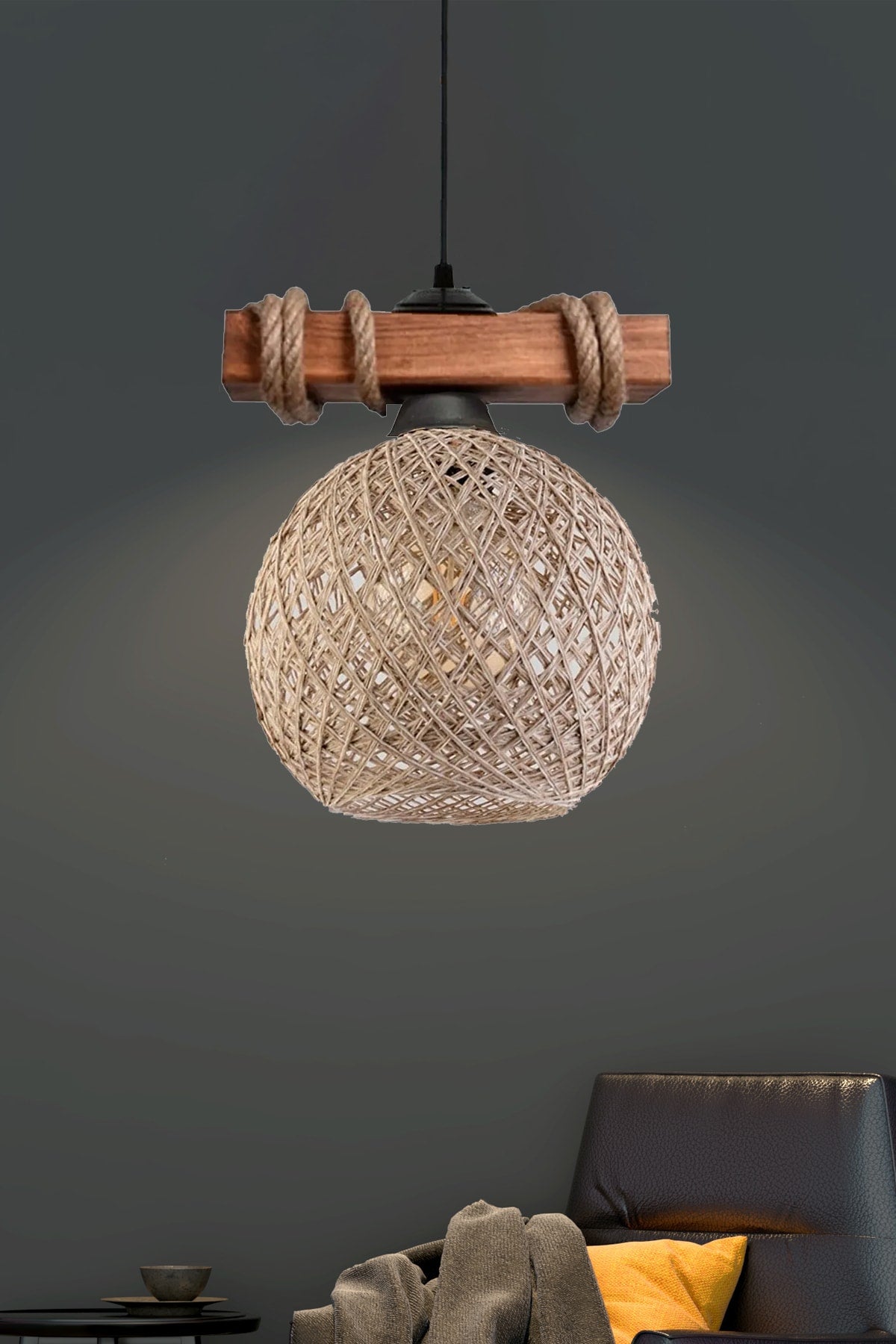 Wooden Rope Balle Jute Globe Ball Single Pendant Lamp Chandelier