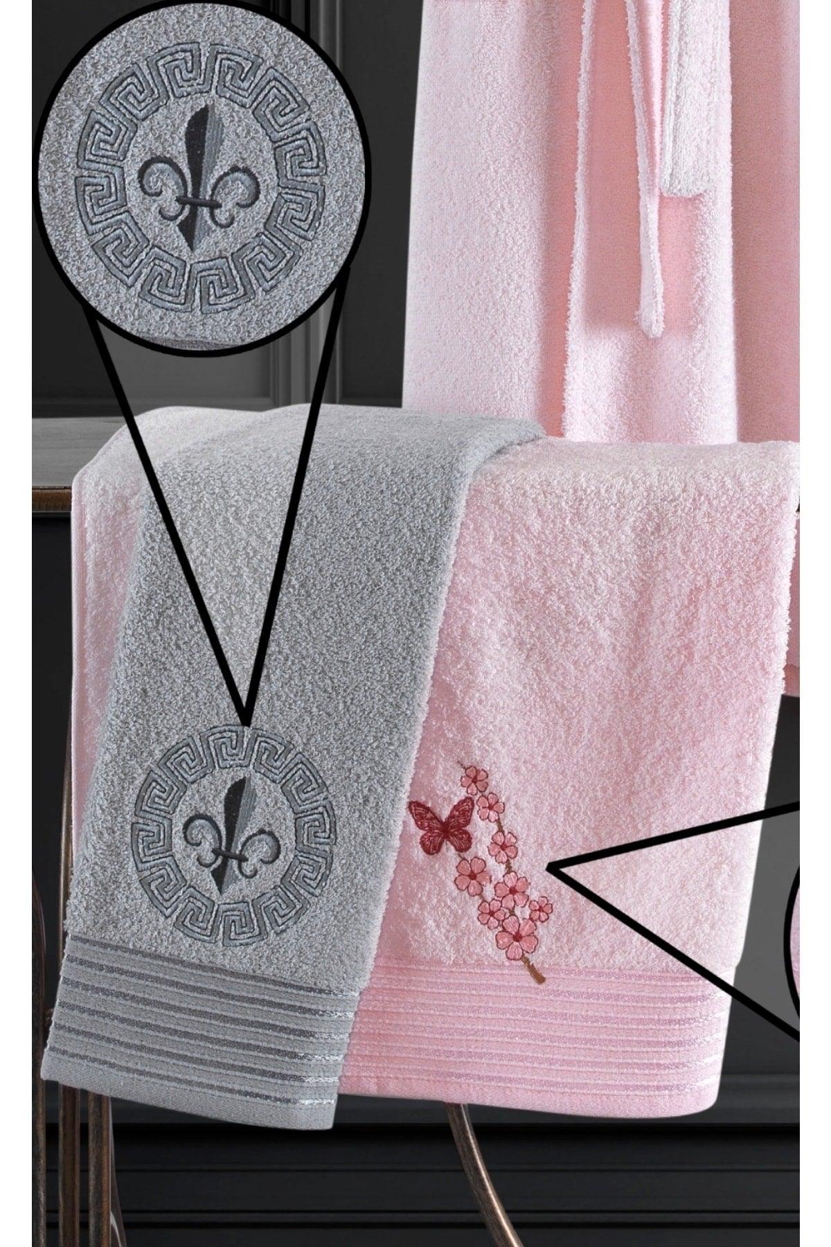 Flamingo Embroidered Cotton 4 Piece Family Bathrobe Set Lilac I Gray - Swordslife