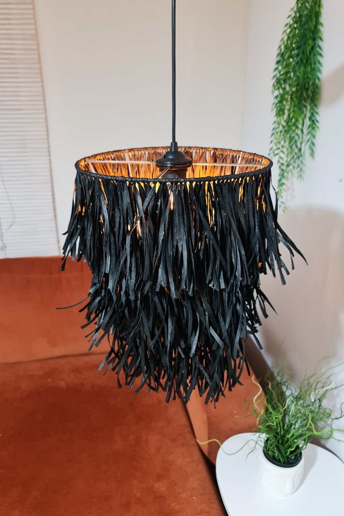 Bohemian Fringed Black Raffia Chandelier Handmade