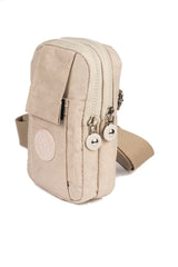Unisex Crinkled Fabric Mini Shoulder Bag With Phone Compartment Sport And Daily Use Beige