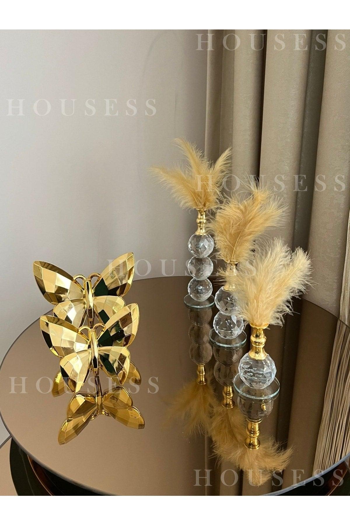 Decorative Set of 2 Gold Butterflies and 3 Gold Feathers Trinket Ornament - Swordslife