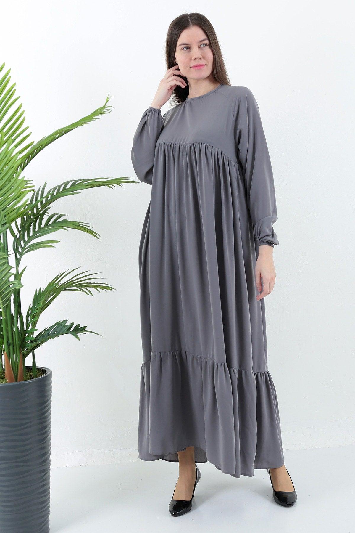 Gray Crew Neck Comfortable Fit Elastic Sleeve Side Pockets Pleated Robe Dress - Swordslife