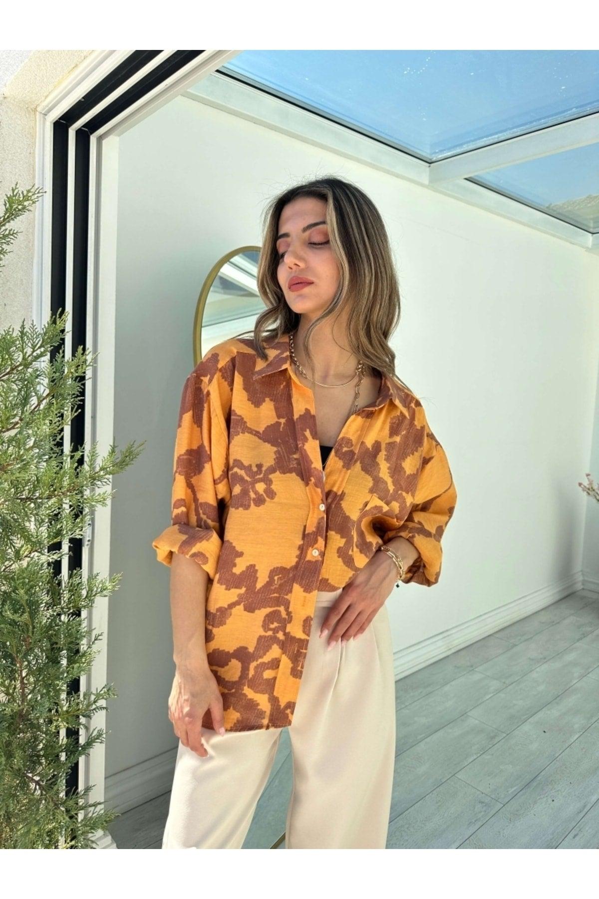 Mustard Patterned Off Shoulder Oversize Shirt - Swordslife