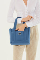 Indigo U37 Snap Closure 2 Compartment Front Pocket Detailed Canvas Fabric Daily Women's Arm And Shoulder Bag