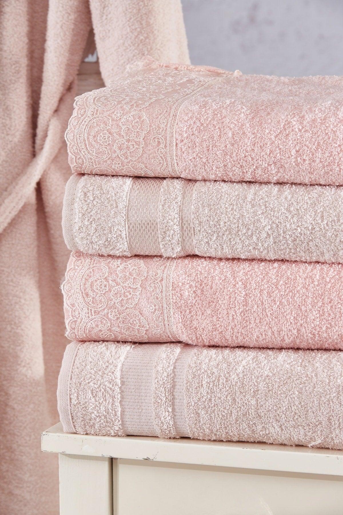 Family Lace Pink & Cappuccino Family Bathrobe Set 6 Pieces Dowry Women Men Bath Towel Set - Swordslife