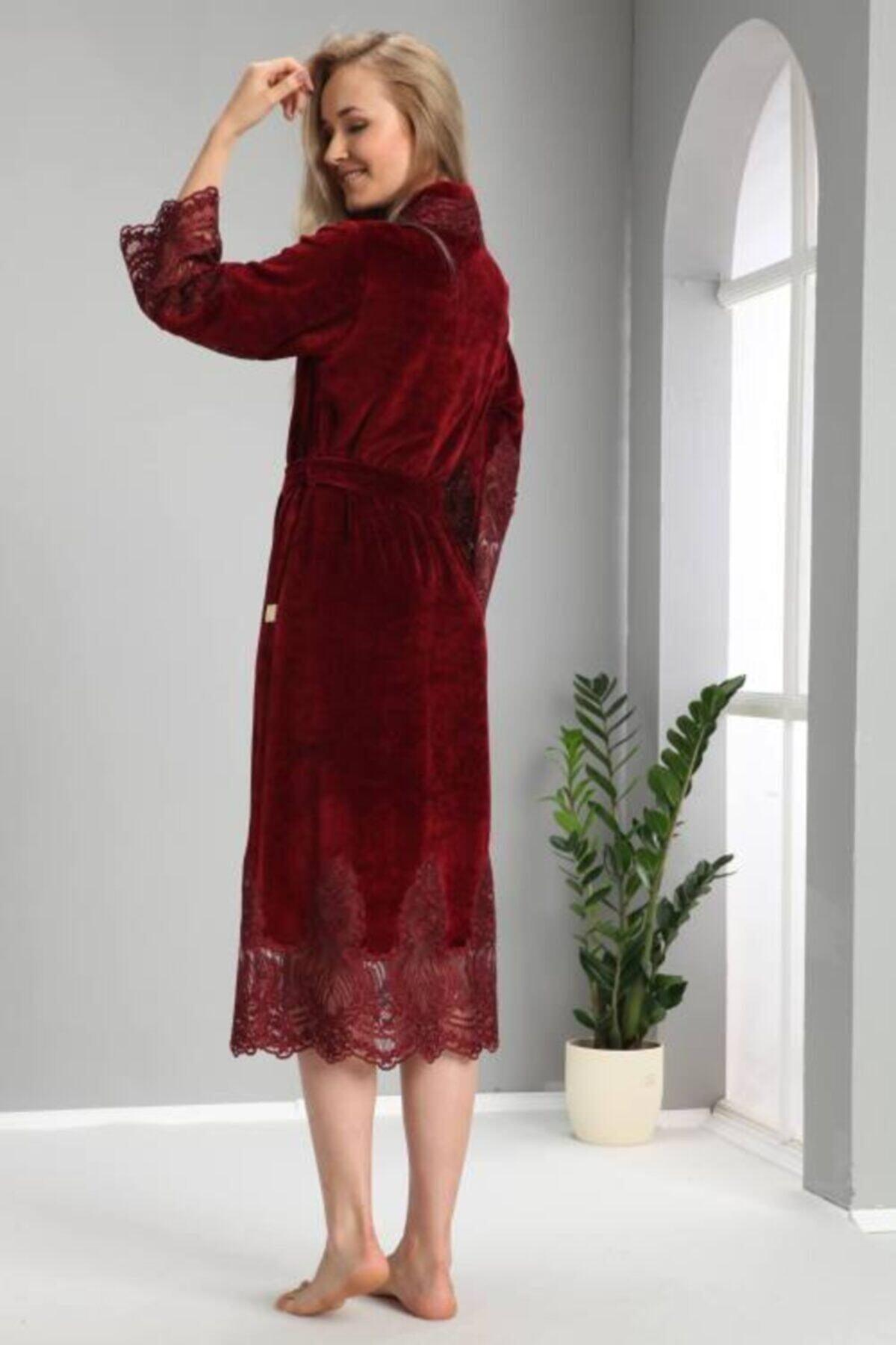 Women's Claret Red Lace Bambo Cotton Bathrobe - Swordslife