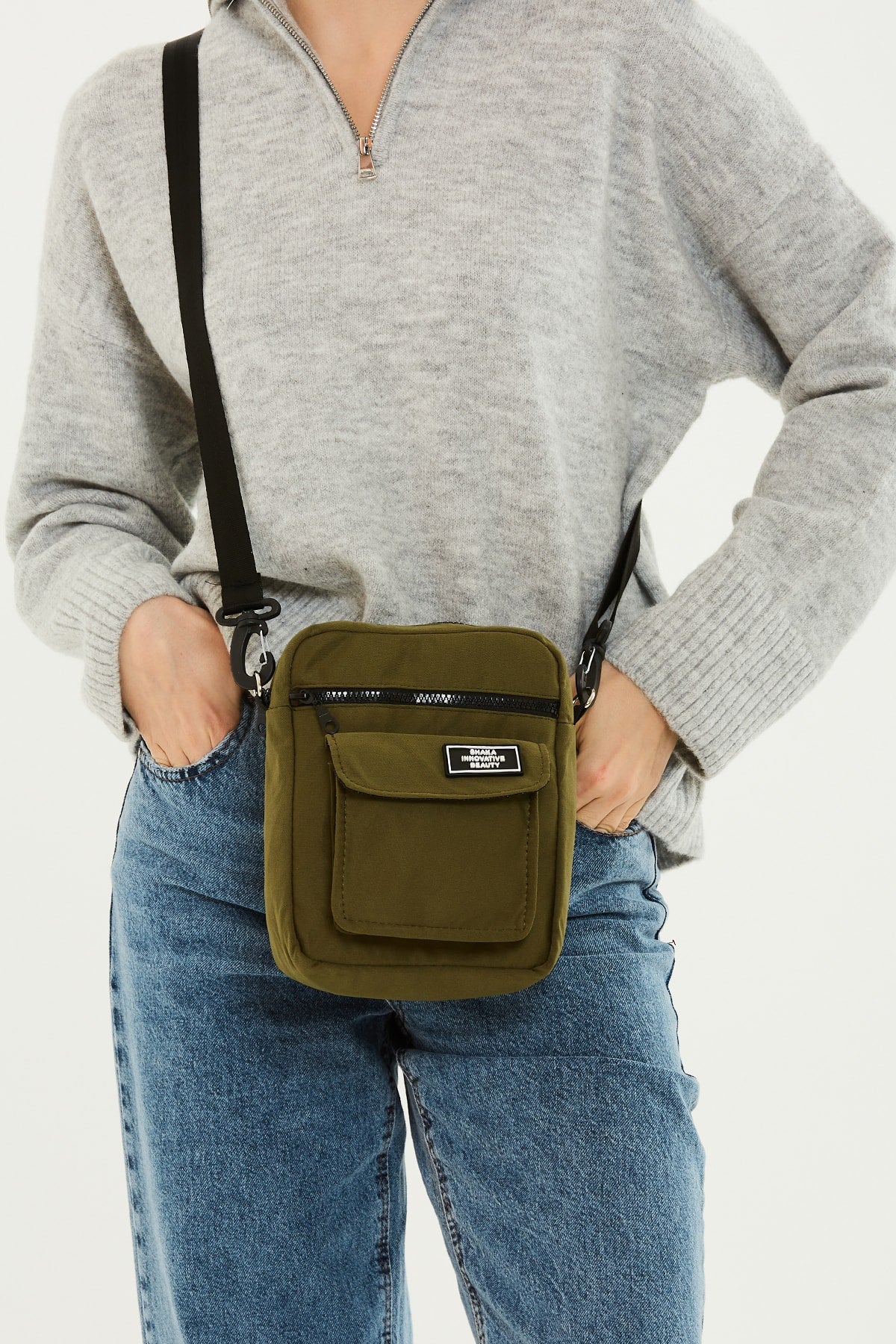 Khaki Green U2 3-Compartment Cross Adjustable Strap Canvas Fabric Unisex Shoulder Bag B:22 E:17 G:7