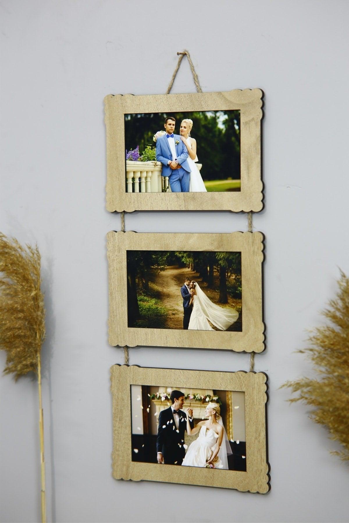 Wooden Triple 10x15 Cm Horizontal With Rope Photo Hanger - Swordslife