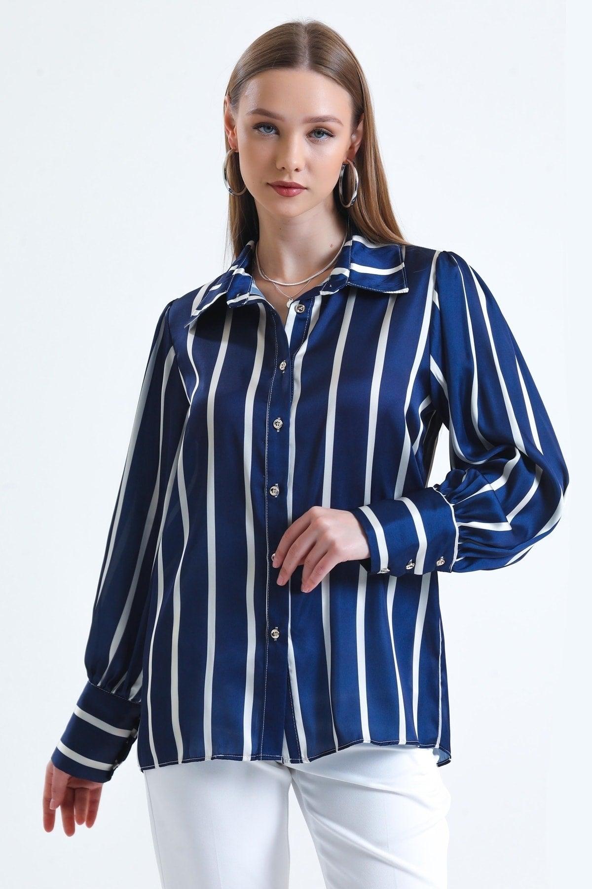 Women's Navy Blue Balloon Sleeve Ruffle Detailed Oversize Striped Satin Shirt - Swordslife