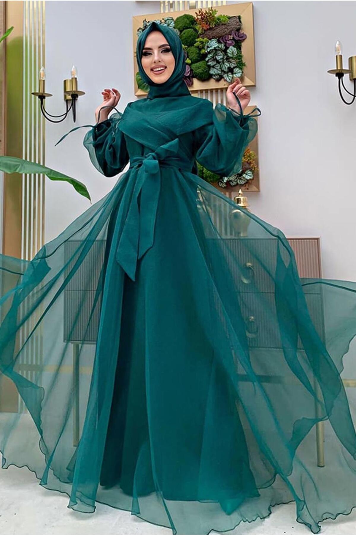 Women's Green (EMERALD) Belted Tulle Evening Dress T 4693 - Swordslife