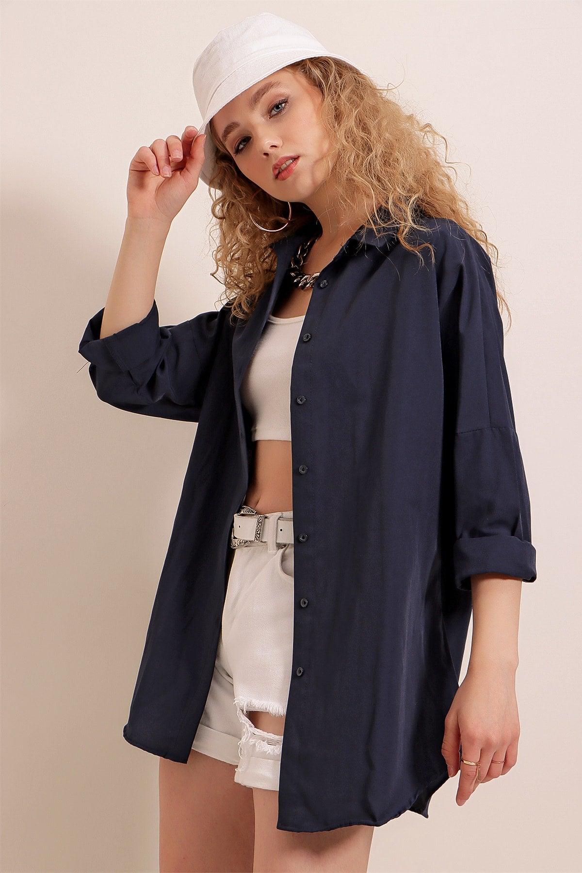 3900 Oversize Long Basic Shirt - Navy Blue - Swordslife