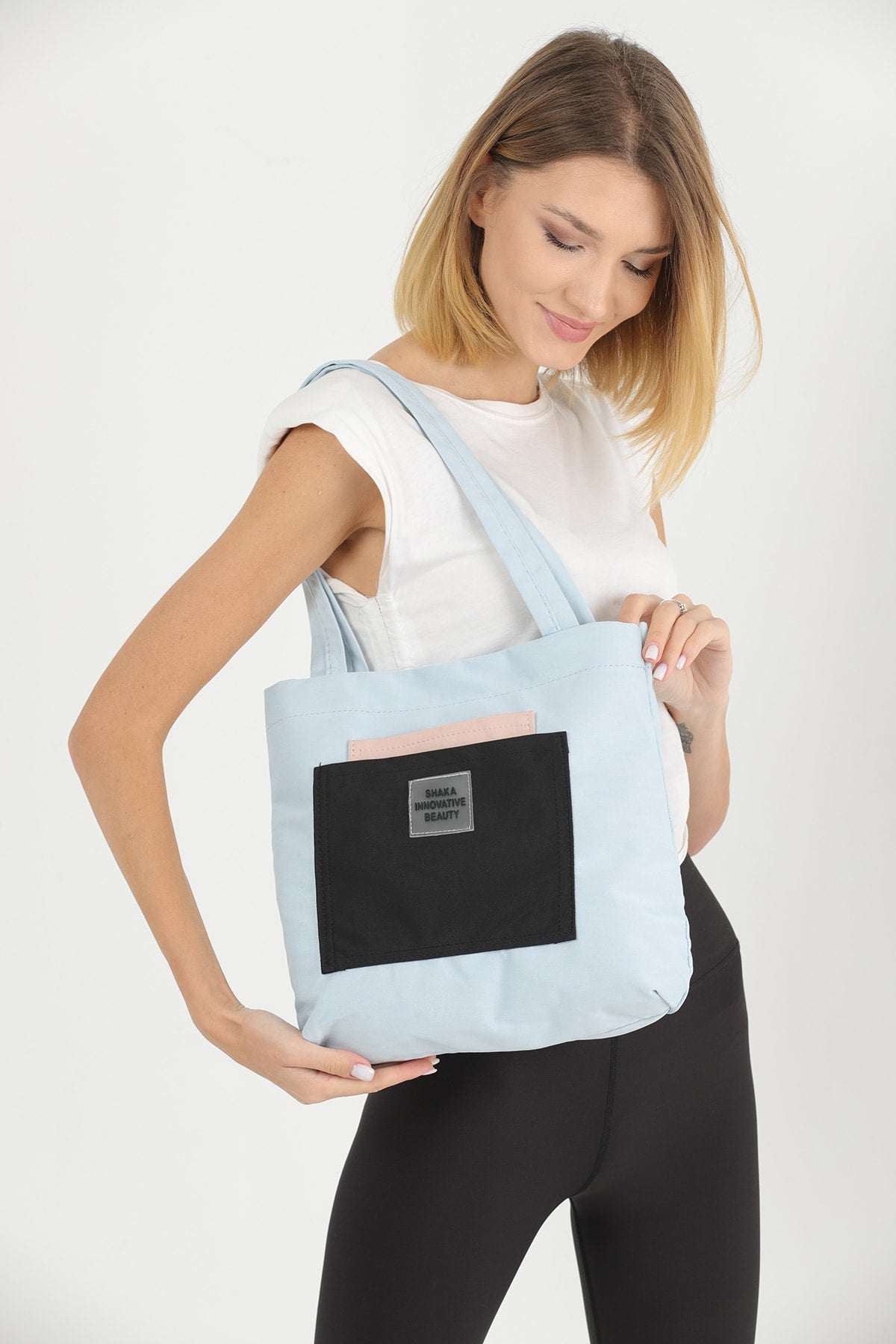 Blue/pink/black U22 3-Compartment Front 2 Pocket Detailed Canvas Fabric Daily Women's Arm and Shoulder Bag B:35 E