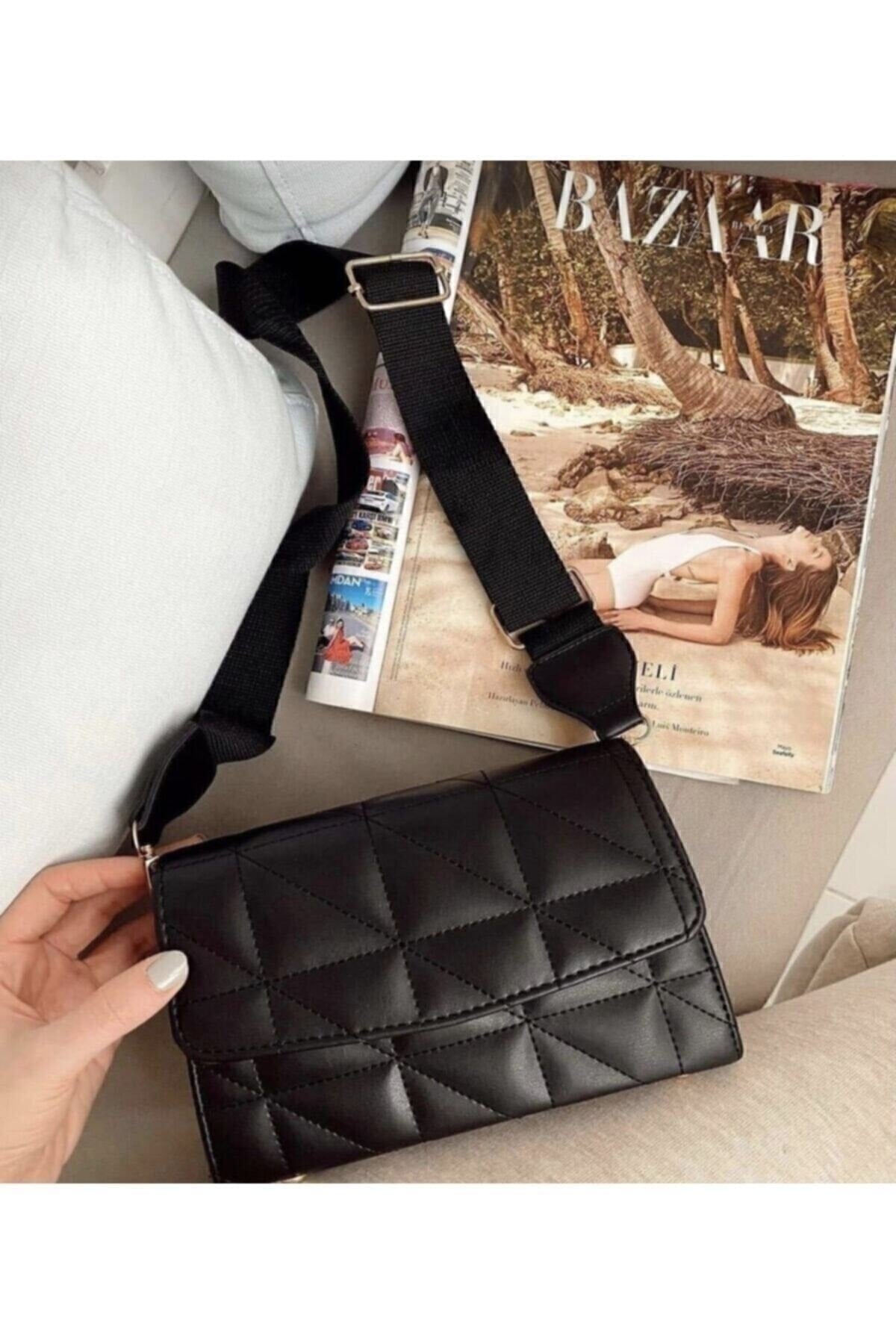 Black Column Strap Quilted Women's Shoulder Bag