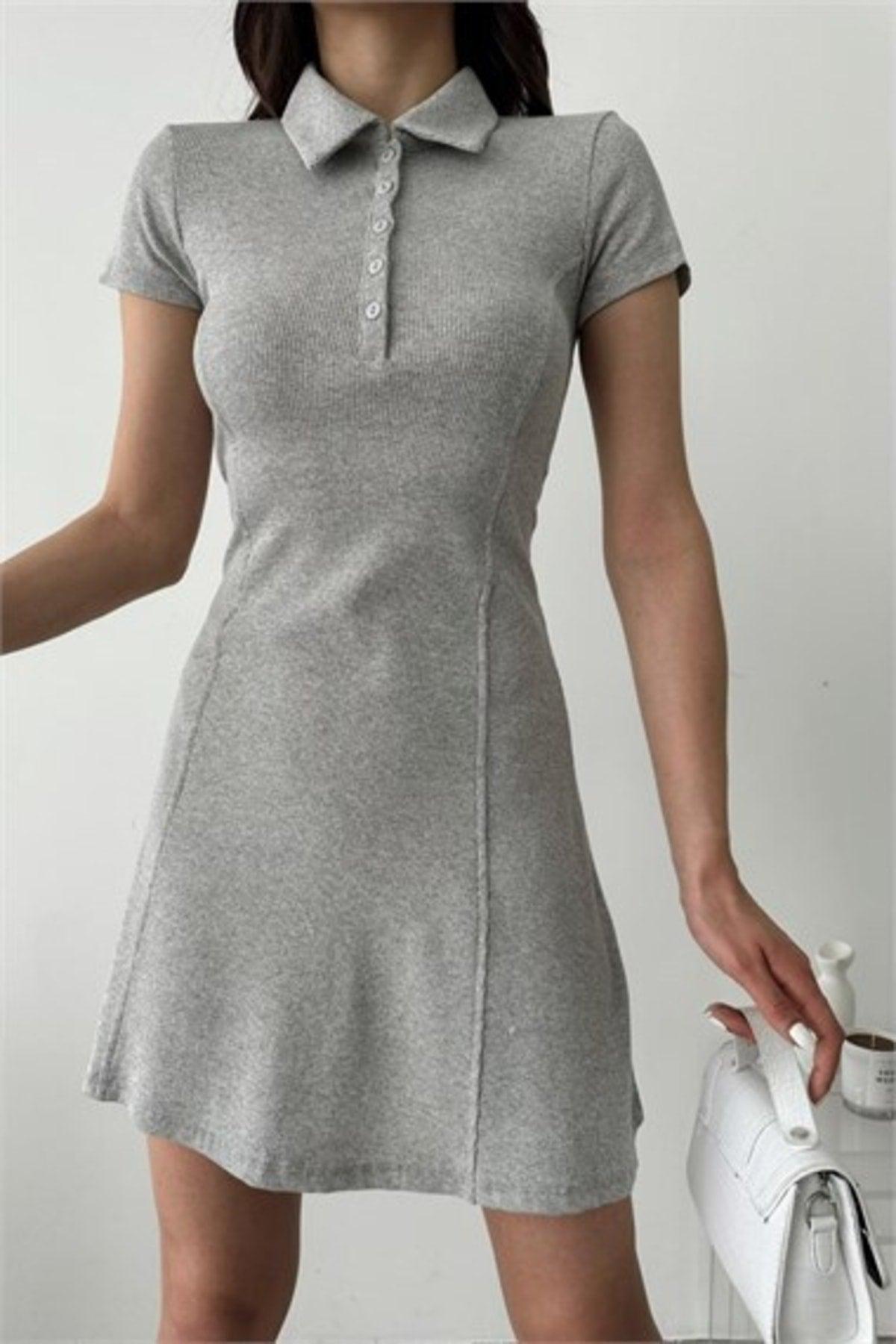 Gray Polo Neck Buttoned Fitted Summer Graduation Dress - Swordslife