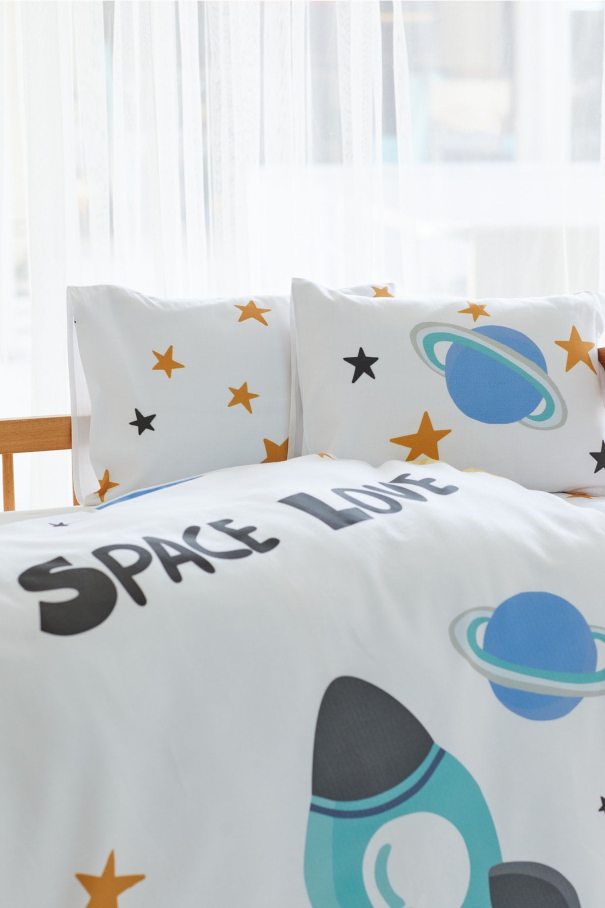 Organic Full Set Printed Cotton Satin Baby Duvet Cover Set - Rocket And Space Theme