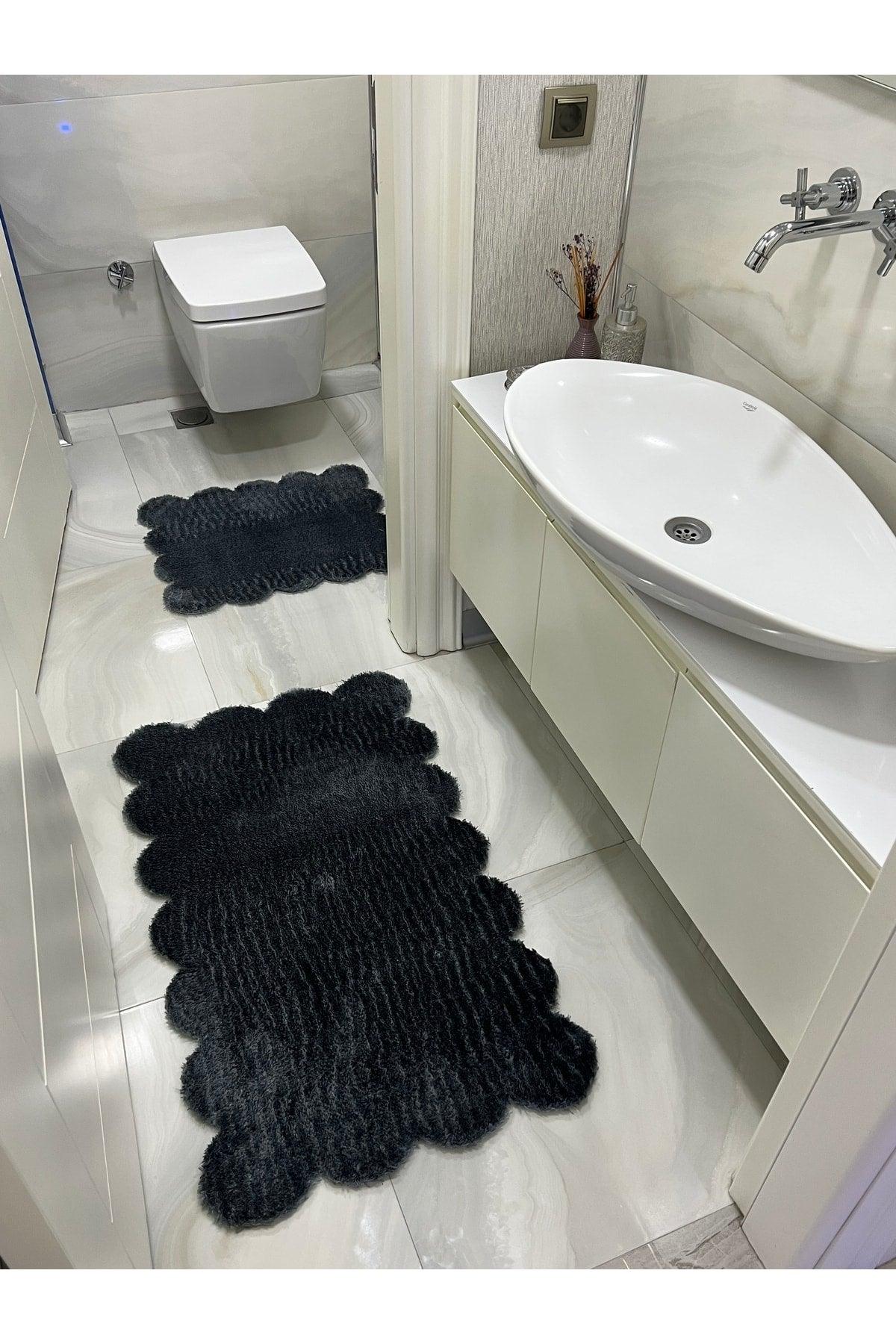 Laser Cut Double Bath Mat Anthracite Gray Plush Carpet - Swordslife