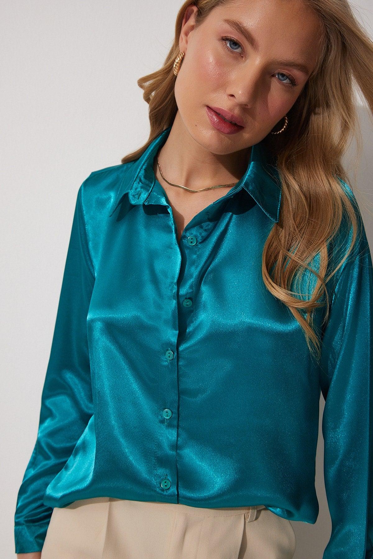 Women's Dark Blue Lightly Flowy Satin Shirt DD00990 - Swordslife