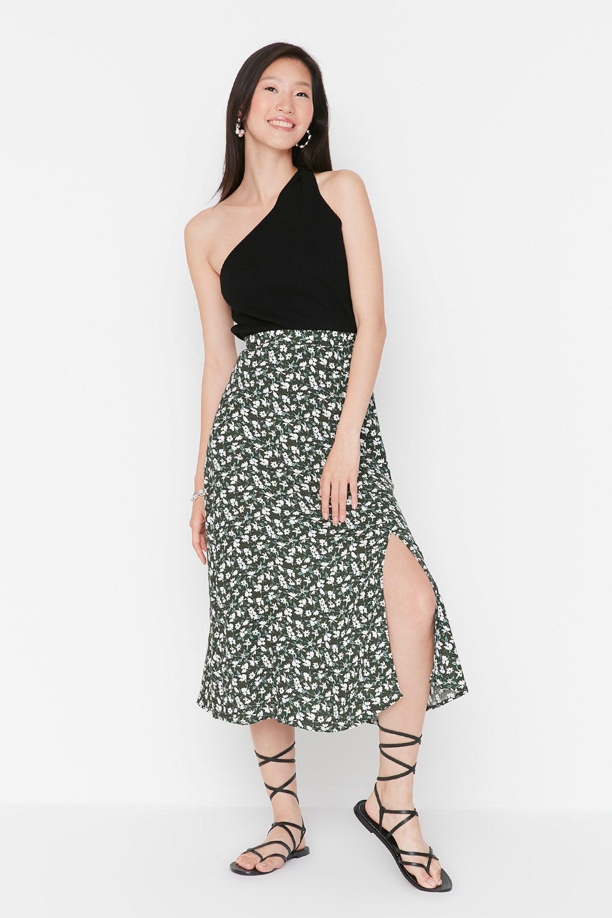 Khaki Midi Woven Slit Detailed Viscose Fabric Floral Patterned Skirt TWOSS20ET0230 - Swordslife