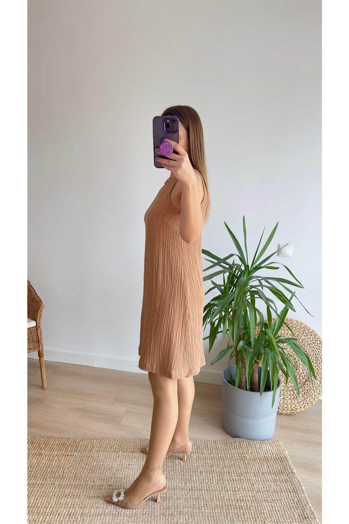 Brown Muslin Fabric Crew Neck Sleeveless Dress - Swordslife