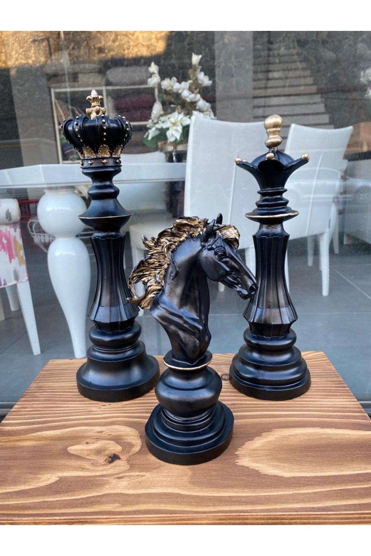 Trio Chess Set Statue King Queen Horse Decorative Black Gold Trinket - Swordslife