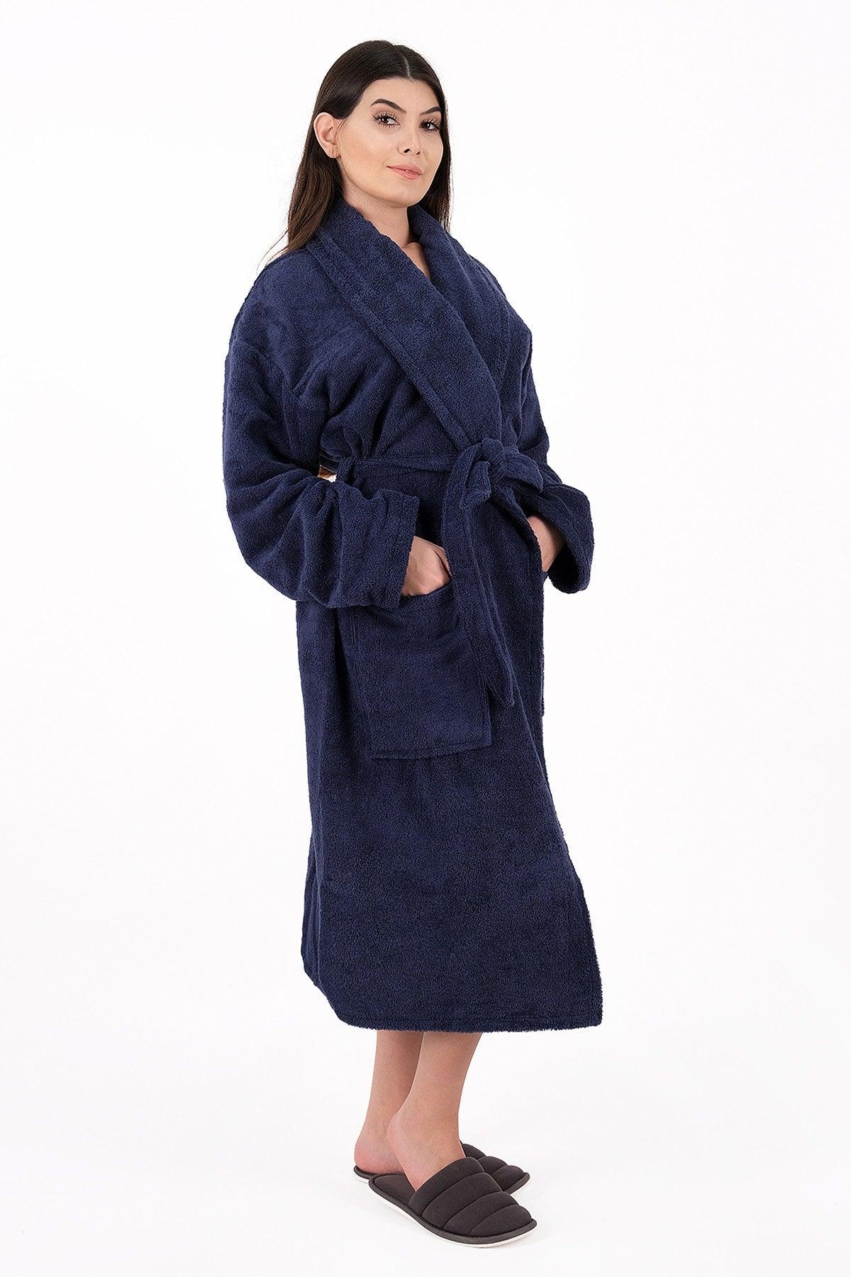 Soft Line 100% Cotton Salyaka Navy Blue Color (L-XL-2XL-3XL-4XL) Large / Large Size Bathrobe - Swordslife