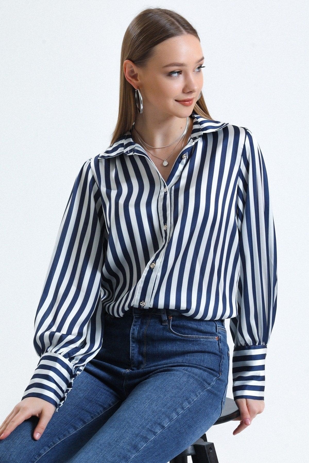 Women's Blue Balloon Sleeve Ruffle Detailed Oversize Striped Satin Shirt - Swordslife